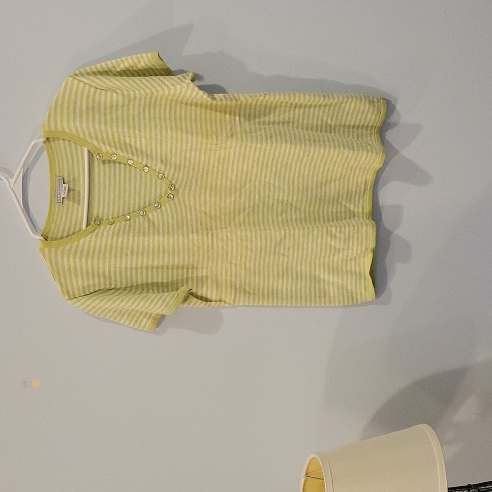 XL Green and White Striped Top, V-Neck with Button Detail